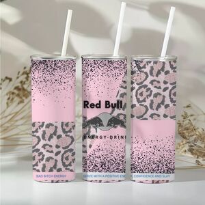 Red Bull Pink Leopard Glitter Glam Luxe 20oz Skinny Tumbler